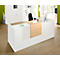 White reception desk with wood applications and office chair. White cabinets and windows in the background.