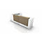 White reception desk with brown front, shown in perspective against a white background.