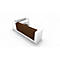 White reception desk with brown front, on a white background.