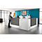 Man at reception desk handing documents. A woman is sitting behind the counter. Behind her blue wall and art.