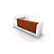 White reception desk with a brown front. View from a slightly elevated perspective.