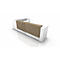 White, modern reception desk with brown front and white work surface.