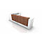 A rendering of a white reception desk with a wood paneling. The counter stands against a white background.