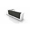 White reception desk with black front on a white background.
