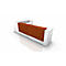 Modern reception desk, white with brown front.