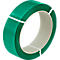 Correa de poliéster PET, L 1500 m x A 15,5 mm, grosor 0,9 mm, núcleo Ø 406 mm, hasta 534 kg, 100 % material reciclado, verde, gofrado