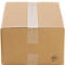 Cardboard box, brown with tape, recycling symbol.
