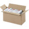 Opened cardboard box, filled with white boxes. Red logos and product names can be seen on the boxes.