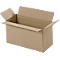 Open, rectangular cardboard box with flaps folded up. The inside and outside of the box is brown.