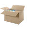 Open brown shipping box with contents, packaging material and products.