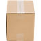 An open, brown cardboard box, sealed with clear tape.