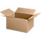 Opened, brown cardboard box. Front and side panels form the rectangular body, lid folded out.