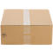 Brown cardboard box sealed with tape and recycling symbol.