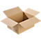 Open brown cardboard box with flaps raised, recycling symbol visible.