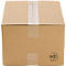 Brown cardboard box, sealed with tape, recycling symbol.