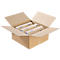 An open cardboard box with three rolled paper products. The products are printed with colorful patterns.