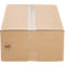 An open, brown cardboard box with a recycling symbol. The lid is sealed with clear tape.