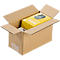 A brown cardboard box, opened. Inside is a yellow product packaging with a computer mouse pictured on it.