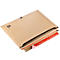 Brown shipping carton, open, with red adhesive tape for sealing.