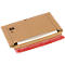 A brown shipping envelope with white sheets of paper inside. The red closure is partially open.