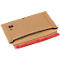 An open brown shipping envelope with a red adhesive strip, with writing on it. A barcode and a symbol are visible.