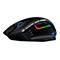 Schwarze Gaming-Maus mit blauen und farbigen LED-Lichtern. Sie hat eine ergonomische Form und sichtbare Tasten.