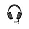 Schwarzes Headset, detailreiche Nahaufnahme. Gepolsterte Ohrmuscheln, Mikrofon, Kabel.