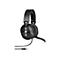 Schwarzes Headset mit Mikrofon, Kabel und Stecker, auf weißem Hintergrund.