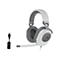 Weißes Gaming-Headset mit grauem Bügel und Ohrmuscheln, Mikrofon und USB-Adapter.