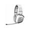 Weißes Gaming-Headset mit grauem Mikrofon und Ohrpolstern, das freigestellt vor weißem Hintergrund dargestellt wird.