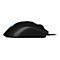 Schwarze Gaming-Maus im Profil. Leuchtendes Logo, geriffelte Seiten, Kabelanschluss.