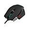 Schwarze Gaming-Maus mit blau beleuchtetem Mausrad, silbernem Unterbau und roter Seitentaste vor weißem Hintergrund.