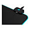 Schwarzes Mauspad mit LED-Beleuchtung und schwarzem Hub. Blaue Beleuchtung an der Kante, Corsair-Logo.