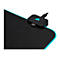 Schwarzes Mauspad mit blauem Rand und schwarzem Hub mit Corsair-Logo und Kabel.