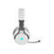 WeiÃŸes Gaming-Headset mit blauen Akzenten. Der BÃ¼gel hat einen grauen Verstellmechanismus mit Logo. Am unteren Rand ein Kabel mit Mikrofon.