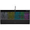 Schwarze mechanische Tastatur mit mehrfarbiger Hintergrundbeleuchtung. Corsair Logo oben.