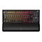 Schwarze mechanische Corsair Tastatur mit RGB-Beleuchtung und abnehmbarer Handballenauflage vor weißem Hintergrund.