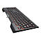 Schwarze Gaming-Tastatur von Cougar mit orangefarbener Tastenbeleuchtung in Seitenansicht vor weißem Hintergrund.