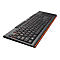 Schwarze Cougar Gaming-Tastatur mit orangefarbener Randbeleuchtung in Schrägansicht vor weißem Hintergrund.