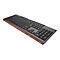 Schwarze Gaming-Tastatur mit roter LED-Beleuchtung am Rand auf weißem Hintergrund.
