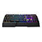 Schwarze Cougar Gaming-Tastatur mit bunter RGB-Beleuchtung und Handballenauflage vor weißem Hintergrund.
