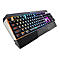 Schwarze Gaming-Tastatur mit farbiger Hintergrundbeleuchtung. Die Tastatur zeigt das Cougar Logo.