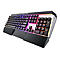 Schwarze Gaming-Tastatur mit bunten Lichtern, inkl. Handauflage und Logo-Schriftzug.