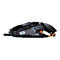Schwarze Gaming-Maus mit orangefarbenen Akzenten. Seitlich, auf weißem Hintergrund, mit Kabel. Sichtbar sind Knöpfe und Rädchen.