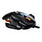 Schwarze Gaming-Maus mit orangefarbenen und blauen Akzenten auf weißem Hintergrund. Detailreich und futuristisch.