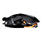 Schwarze Gaming-Maus mit orangefarbener Beleuchtung, seitlichen Tasten und Cougar-Logo.