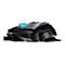 Schwarze Gaming-Maus im Profil. Blaue und orangefarbene Akzente. Detailansicht auf Tasten und Konturen, Fokus auf Design.