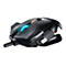 Schwarze Gaming-Maus mit blauer und orangefarbener Beleuchtung. Das Design ist futuristisch.