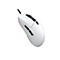 Weiße, ergonomische Gaming-Maus mit schwarzem Mausrad und Seitentasten vor weißem Hintergrund.