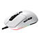 Weiße Cougar Gaming-Maus mit schwarzem Mausrad und RGB-Beleuchtung vor weißem Hintergrund.
